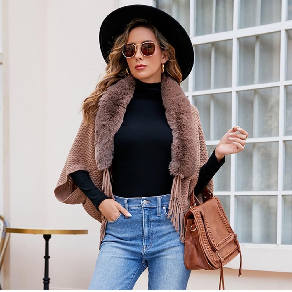 NWT Knitted Loose Thickened Shawl‎ Coat, Faux Fur Shawl Cape